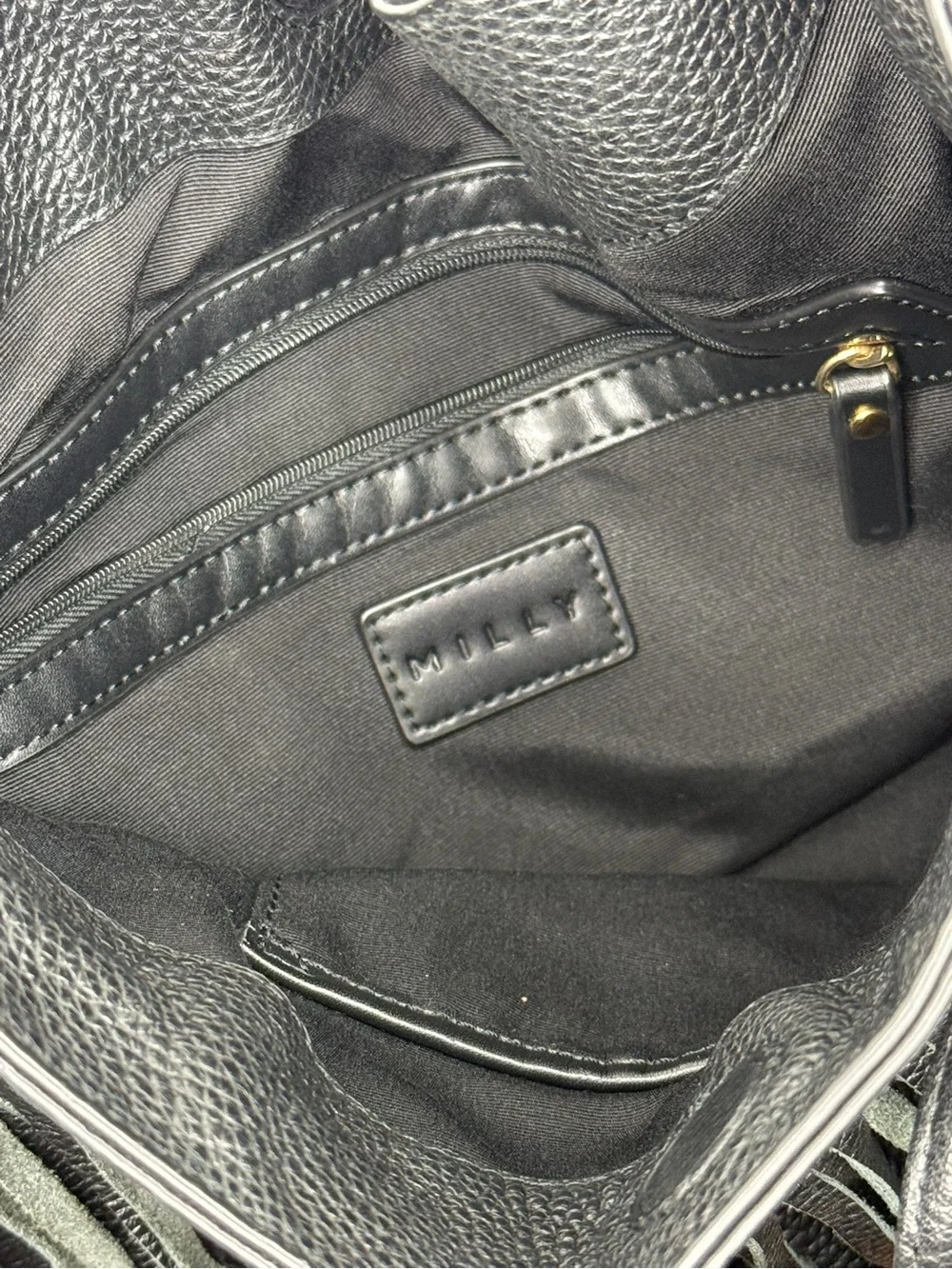 Milly Black Leather Fringe Drawstring Bucket Bag Purse Excellent Condition